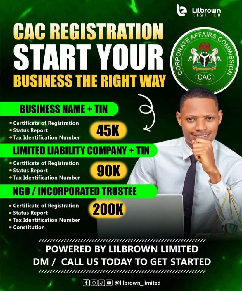 CAC Registration service flyer with pricing for business name, LLC and NGO registration
